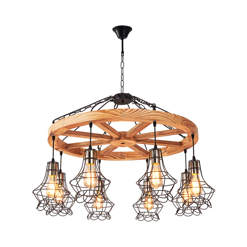 Wagon Wheel Wood Suspension Light Warehouse 6/8-Light Dining Hall Ceiling Chandelier with Wire Cage Clearhalo 'Carpenter Chandeliers' 'Ceiling Lights' 'Chandeliers' 'Industrial Chandeliers' 'Industrial' 'Middle Century Chandeliers' 'Modern' 'Tiffany' Lighting' 1472958