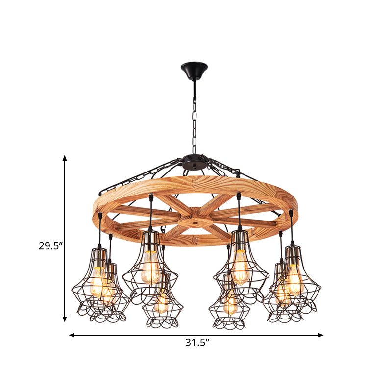 Wagon Wheel Wood Suspension Light Warehouse 6/8-Light Dining Hall Ceiling Chandelier with Wire Cage Clearhalo 'Carpenter Chandeliers' 'Ceiling Lights' 'Chandeliers' 'Industrial Chandeliers' 'Industrial' 'Middle Century Chandeliers' 'Modern' 'Tiffany' Lighting' 1472959