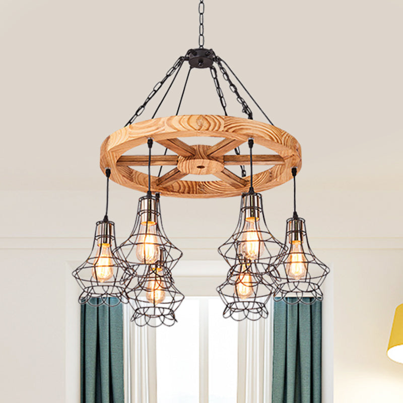 Wagon Wheel Wood Suspension Light Warehouse 6/8-Light Dining Hall Ceiling Chandelier with Wire Cage Clearhalo 'Carpenter Chandeliers' 'Ceiling Lights' 'Chandeliers' 'Industrial Chandeliers' 'Industrial' 'Middle Century Chandeliers' 'Modern' 'Tiffany' Lighting' 1472960