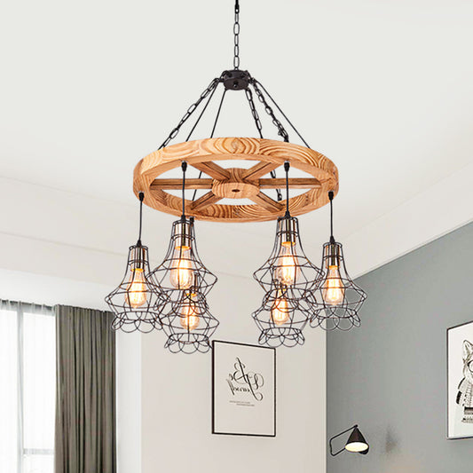Wagon Wheel Wood Suspension Light Warehouse 6/8-Light Dining Hall Ceiling Chandelier with Wire Cage 6 Wood Clearhalo 'Carpenter Chandeliers' 'Ceiling Lights' 'Chandeliers' 'Industrial Chandeliers' 'Industrial' 'Middle Century Chandeliers' 'Modern' 'Tiffany' Lighting' 1472961