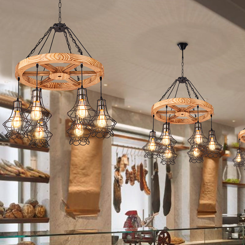 Wagon Wheel Wood Suspension Light Warehouse 6/8-Light Dining Hall Ceiling Chandelier with Wire Cage Clearhalo 'Carpenter Chandeliers' 'Ceiling Lights' 'Chandeliers' 'Industrial Chandeliers' 'Industrial' 'Middle Century Chandeliers' 'Modern' 'Tiffany' Lighting' 1472962