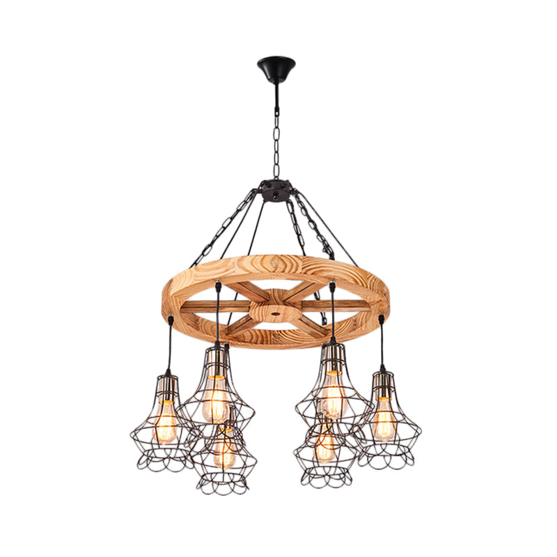 Wagon Wheel Wood Suspension Light Warehouse 6/8-Light Dining Hall Ceiling Chandelier with Wire Cage Clearhalo 'Carpenter Chandeliers' 'Ceiling Lights' 'Chandeliers' 'Industrial Chandeliers' 'Industrial' 'Middle Century Chandeliers' 'Modern' 'Tiffany' Lighting' 1472963