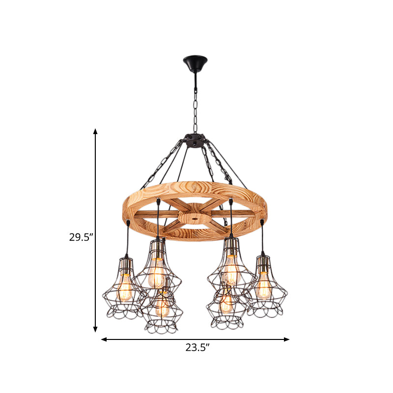Wagon Wheel Wood Suspension Light Warehouse 6/8-Light Dining Hall Ceiling Chandelier with Wire Cage Clearhalo 'Carpenter Chandeliers' 'Ceiling Lights' 'Chandeliers' 'Industrial Chandeliers' 'Industrial' 'Middle Century Chandeliers' 'Modern' 'Tiffany' Lighting' 1472964
