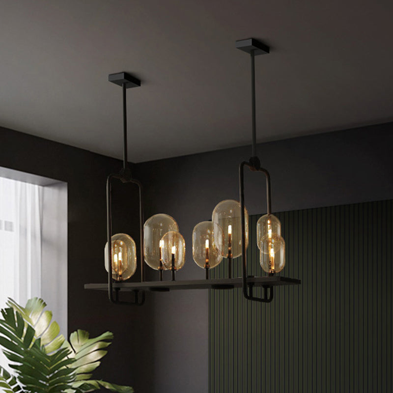 Capsule Restaurant Island Lighting Industrial Amber Glass 6/8 Bulbs Black Hanging Light Fixture 8 Black Clearhalo 'Ceiling Lights' 'Island Lights' Lighting' 1472971
