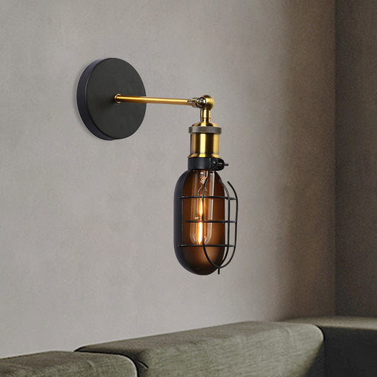 Capsule Cage Restaurant Wall Light Sconce Factory Metal 1 Head Black and Brass Wall Lamp Black Clearhalo 'Art deco wall lights' 'Cast Iron' 'Glass' 'Industrial wall lights' 'Industrial' 'Middle century wall lights' 'Modern' 'Rustic wall lights' 'Tiffany' 'Traditional wall lights' 'Wall Lamps & Sconces' 'Wall Lights' Lighting' 1473027