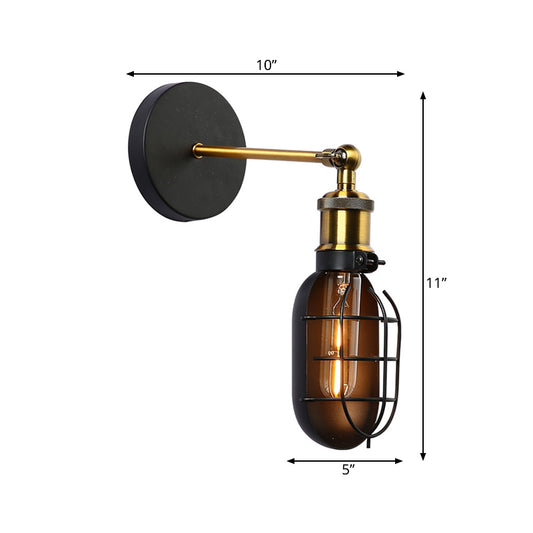 Capsule Cage Restaurant Wall Light Sconce Factory Metal 1 Head Black and Brass Wall Lamp Clearhalo 'Art deco wall lights' 'Cast Iron' 'Glass' 'Industrial wall lights' 'Industrial' 'Middle century wall lights' 'Modern' 'Rustic wall lights' 'Tiffany' 'Traditional wall lights' 'Wall Lamps & Sconces' 'Wall Lights' Lighting' 1473031