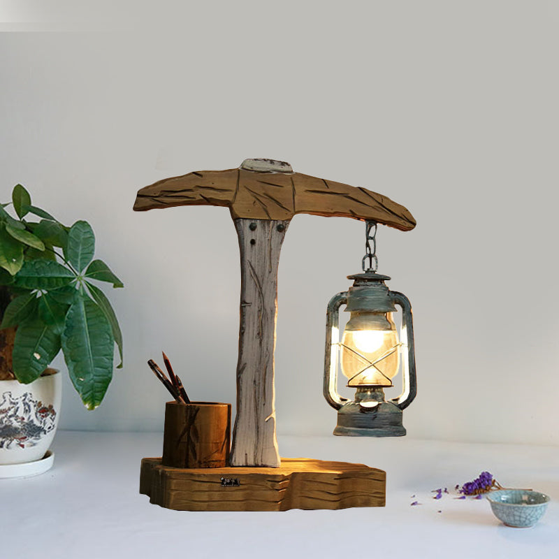 1 Head Axe Shaped Table Light Coastal Beige Wood Nightstand Lamp with Pen Container Wood Clearhalo 'Lamps' 'Table Lamps' Lighting' 1473070
