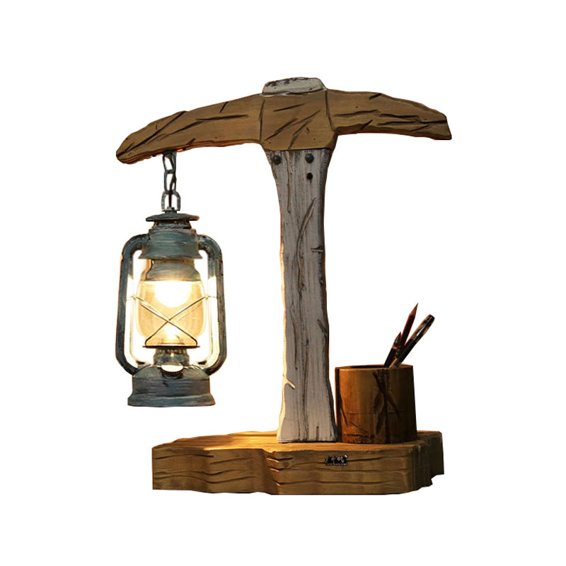 1 Head Axe Shaped Table Light Coastal Beige Wood Nightstand Lamp with Pen Container Clearhalo 'Lamps' 'Table Lamps' Lighting' 1473073
