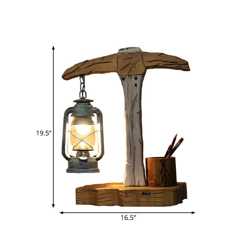 1 Head Axe Shaped Table Light Coastal Beige Wood Nightstand Lamp with Pen Container Clearhalo 'Lamps' 'Table Lamps' Lighting' 1473074