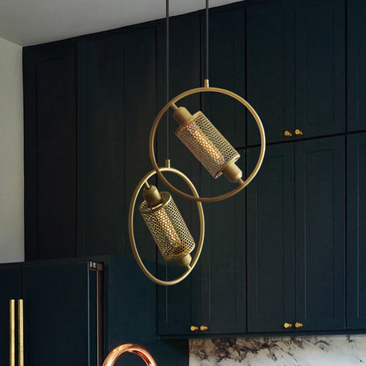 1 Bulb Hanging Ceiling Light Colonial Cylinder Metal Mesh Pendant Lamp with Ring in Black/Gold, 14"/18" Wide Clearhalo 'Ceiling Lights' 'Pendant Lights' 'Pendants' Lighting' 1473082