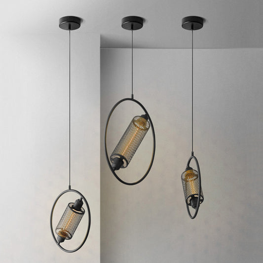 1 Bulb Hanging Ceiling Light Colonial Cylinder Metal Mesh Pendant Lamp with Ring in Black/Gold, 14"/18" Wide Clearhalo 'Ceiling Lights' 'Pendant Lights' 'Pendants' Lighting' 1473095