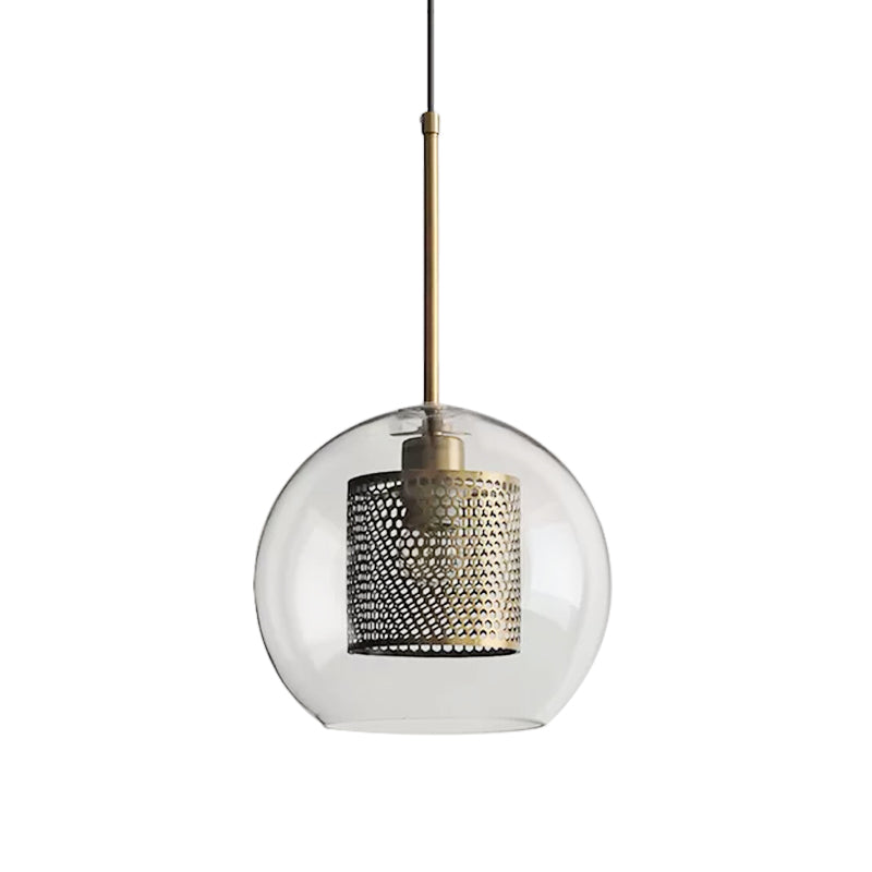 Cylindrical Bedroom Suspension Light Colonial Metal Mesh 1 Bulb Bronze/Silver Gray Pendant with Clear Glass Shade, 8"/9.5"/12" W Clearhalo 'Ceiling Lights' 'Pendant Lights' 'Pendants' Lighting' 1473110