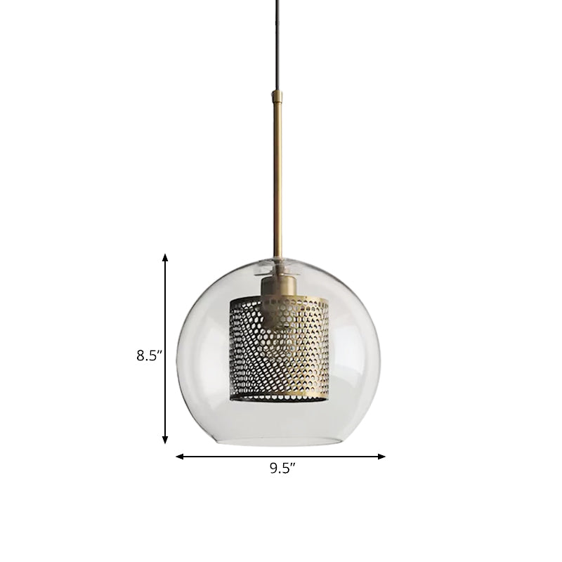 Cylindrical Bedroom Suspension Light Colonial Metal Mesh 1 Bulb Bronze/Silver Gray Pendant with Clear Glass Shade, 8"/9.5"/12" W Clearhalo 'Ceiling Lights' 'Pendant Lights' 'Pendants' Lighting' 1473111