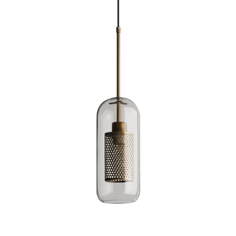 Bronze 1-Head Hanging Lamp Colonial Metal Mesh Cylindrical Pendant with Clear Glass Shade, 20.5"/24.5" Tall Clearhalo 'Ceiling Lights' 'Pendant Lights' 'Pendants' Lighting' 1473120