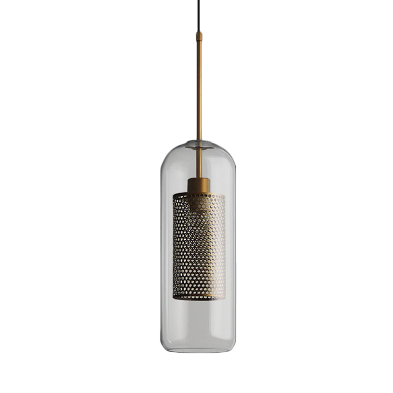Bronze 1-Head Hanging Lamp Colonial Metal Mesh Cylindrical Pendant with Clear Glass Shade, 20.5"/24.5" Tall Clearhalo 'Ceiling Lights' 'Pendant Lights' 'Pendants' Lighting' 1473125
