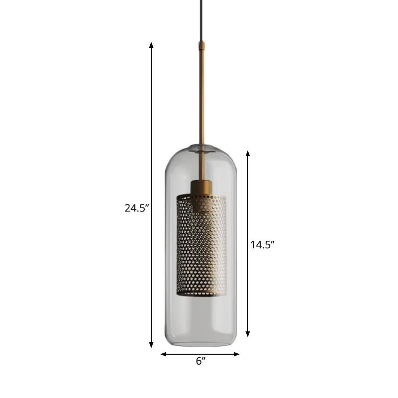 Bronze 1-Head Hanging Lamp Colonial Metal Mesh Cylindrical Pendant with Clear Glass Shade, 20.5"/24.5" Tall Clearhalo 'Ceiling Lights' 'Pendant Lights' 'Pendants' Lighting' 1473126