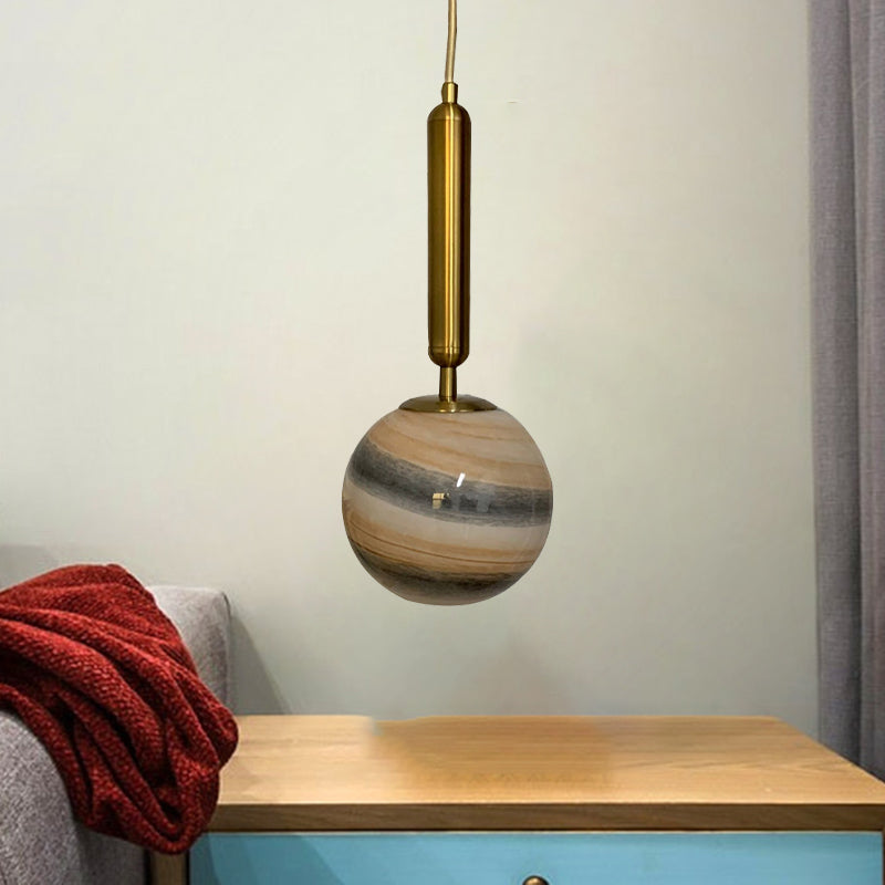 1-Bulb Bedroom Drop Lamp Modern Brass Pendant Lighting Fixture with Ball Tan/Blue Glass Shade Clearhalo 'Ceiling Lights' 'Glass shade' 'Glass' 'Pendant Lights' 'Pendants' Lighting' 1473146