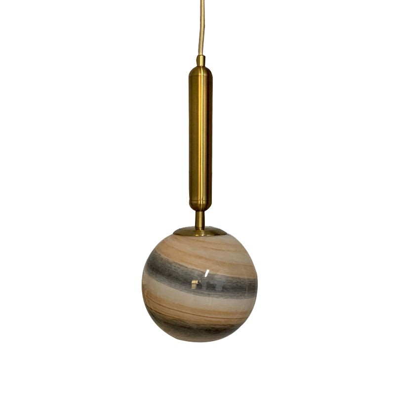 1-Bulb Bedroom Drop Lamp Modern Brass Pendant Lighting Fixture with Ball Tan/Blue Glass Shade Tan Clearhalo 'Ceiling Lights' 'Glass shade' 'Glass' 'Pendant Lights' 'Pendants' Lighting' 1473148