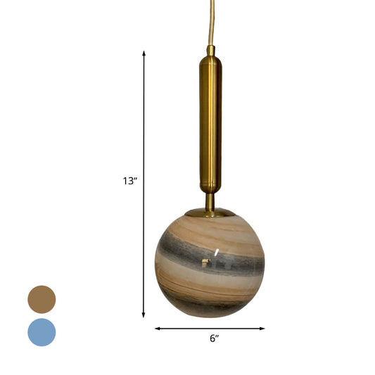 1-Bulb Bedroom Drop Lamp Modern Brass Pendant Lighting Fixture with Ball Tan/Blue Glass Shade Clearhalo 'Ceiling Lights' 'Glass shade' 'Glass' 'Pendant Lights' 'Pendants' Lighting' 1473149