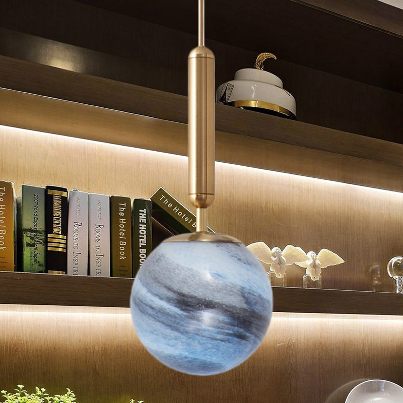 1-Bulb Bedroom Drop Lamp Modern Brass Pendant Lighting Fixture with Ball Tan/Blue Glass Shade Clearhalo 'Ceiling Lights' 'Glass shade' 'Glass' 'Pendant Lights' 'Pendants' Lighting' 1473150