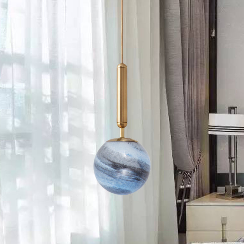 1-Bulb Bedroom Drop Lamp Modern Brass Pendant Lighting Fixture with Ball Tan/Blue Glass Shade Clearhalo 'Ceiling Lights' 'Glass shade' 'Glass' 'Pendant Lights' 'Pendants' Lighting' 1473151