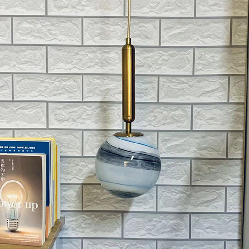 1-Bulb Bedroom Drop Lamp Modern Brass Pendant Lighting Fixture with Ball Tan/Blue Glass Shade Blue Clearhalo 'Ceiling Lights' 'Glass shade' 'Glass' 'Pendant Lights' 'Pendants' Lighting' 1473152