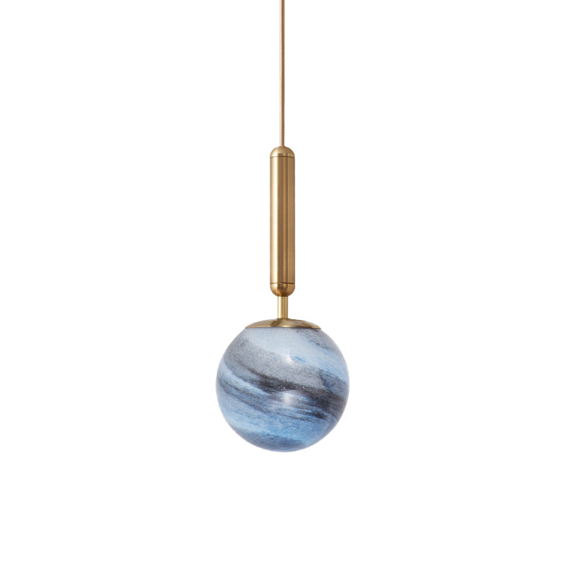 1-Bulb Bedroom Drop Lamp Modern Brass Pendant Lighting Fixture with Ball Tan/Blue Glass Shade Clearhalo 'Ceiling Lights' 'Glass shade' 'Glass' 'Pendant Lights' 'Pendants' Lighting' 1473153