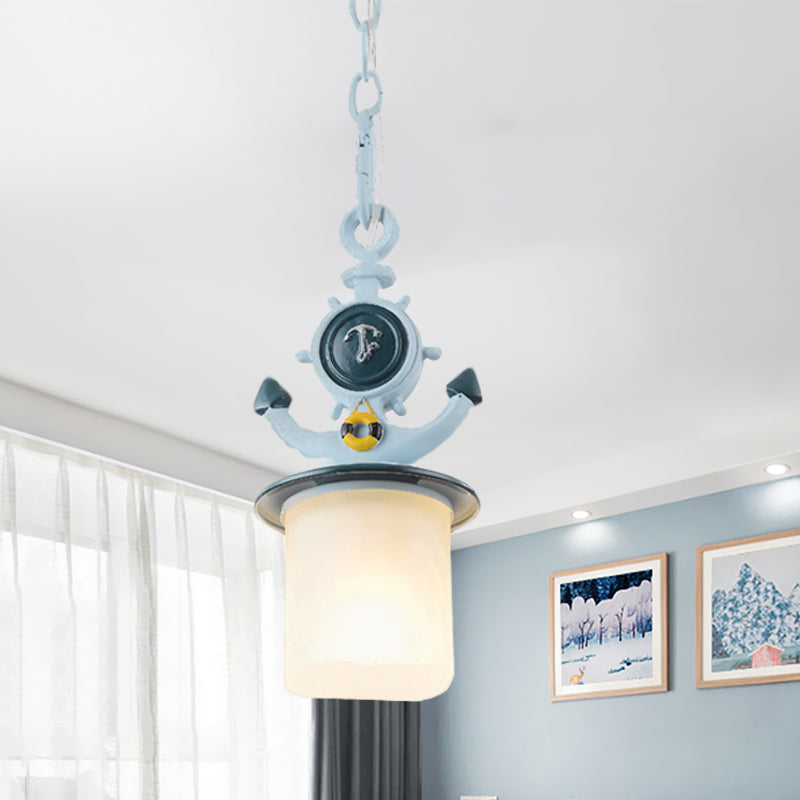 Cylinder Frosted Glass Pendant Light Kids 1 Head Blue Suspension Lamp with Anchor Design for Living Room Blue Clearhalo 'Ceiling Lights' 'Glass shade' 'Glass' 'Pendant Lights' 'Pendants' Lighting' 1473154