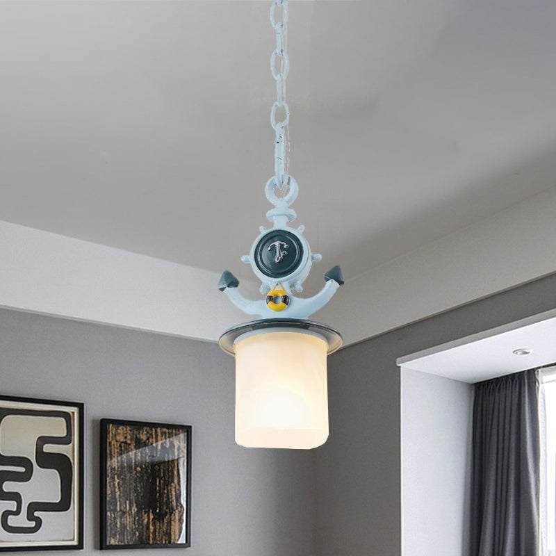 Cylinder Frosted Glass Pendant Light Kids 1 Head Blue Suspension Lamp with Anchor Design for Living Room Clearhalo 'Ceiling Lights' 'Glass shade' 'Glass' 'Pendant Lights' 'Pendants' Lighting' 1473155