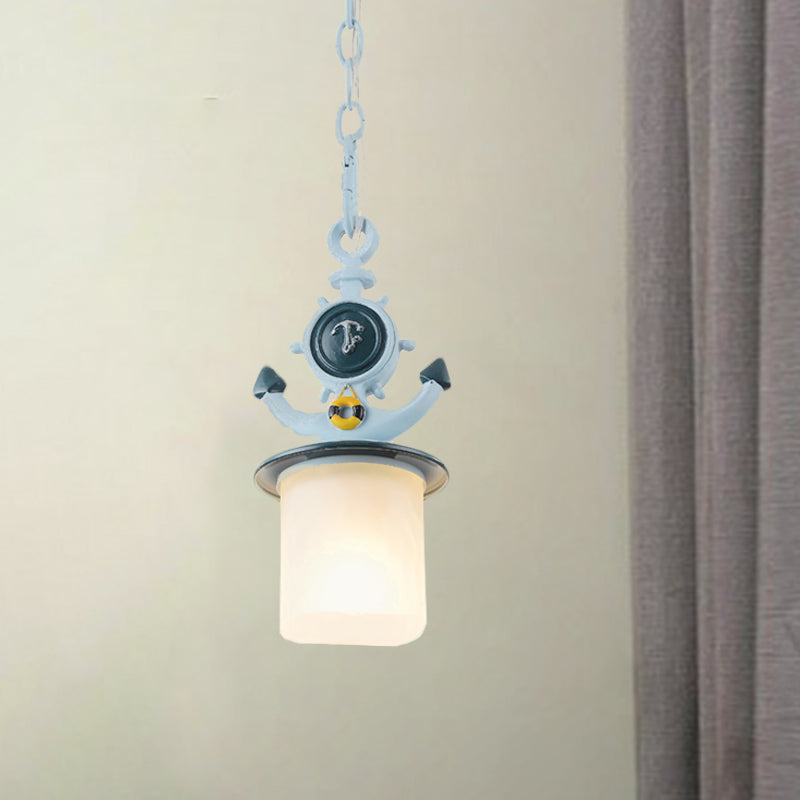 Cylinder Frosted Glass Pendant Light Kids 1 Head Blue Suspension Lamp with Anchor Design for Living Room Clearhalo 'Ceiling Lights' 'Glass shade' 'Glass' 'Pendant Lights' 'Pendants' Lighting' 1473156