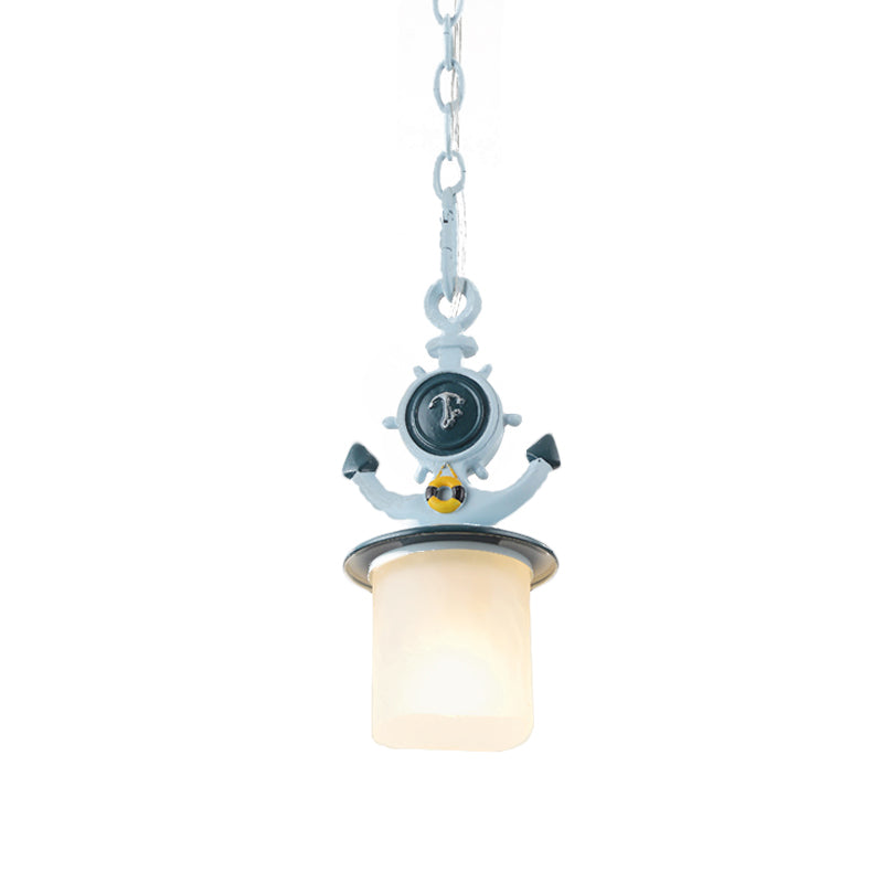 Cylinder Frosted Glass Pendant Light Kids 1 Head Blue Suspension Lamp with Anchor Design for Living Room Clearhalo 'Ceiling Lights' 'Glass shade' 'Glass' 'Pendant Lights' 'Pendants' Lighting' 1473157