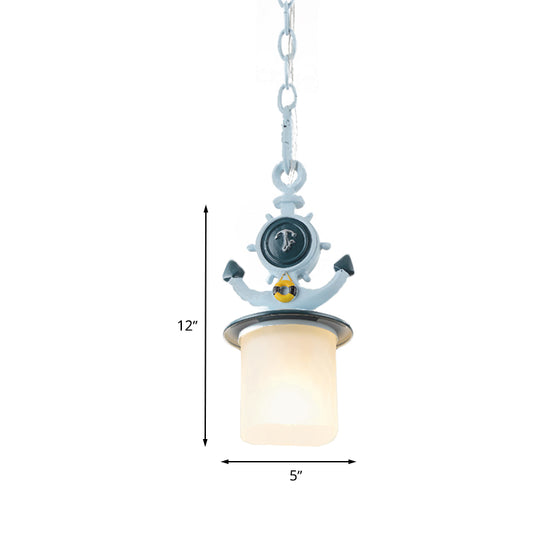 Cylinder Frosted Glass Pendant Light Kids 1 Head Blue Suspension Lamp with Anchor Design for Living Room Clearhalo 'Ceiling Lights' 'Glass shade' 'Glass' 'Pendant Lights' 'Pendants' Lighting' 1473158