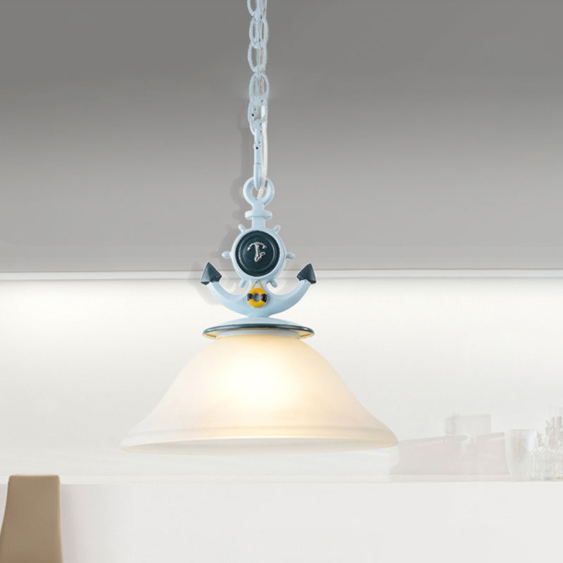 Frosted Glass Bell Hanging Light Kids 1 Light Blue Suspended Lighting Fixture with Anchor Decoration Blue Clearhalo 'Ceiling Lights' 'Chandeliers' 'Glass shade' 'Glass' 'Pendant Lights' 'Pendants' Lighting' 1473159