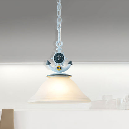 Frosted Glass Bell Hanging Light Kids 1 Light Blue Suspended Lighting Fixture with Anchor Decoration Blue Clearhalo 'Ceiling Lights' 'Chandeliers' 'Glass shade' 'Glass' 'Pendant Lights' 'Pendants' Lighting' 1473159