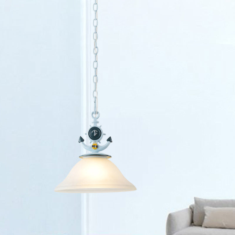 Frosted Glass Bell Hanging Light Kids 1 Light Blue Suspended Lighting Fixture with Anchor Decoration Clearhalo 'Ceiling Lights' 'Chandeliers' 'Glass shade' 'Glass' 'Pendant Lights' 'Pendants' Lighting' 1473160
