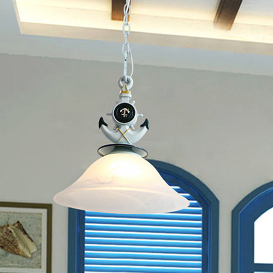 Frosted Glass Bell Hanging Light Kids 1 Light Blue Suspended Lighting Fixture with Anchor Decoration Clearhalo 'Ceiling Lights' 'Chandeliers' 'Glass shade' 'Glass' 'Pendant Lights' 'Pendants' Lighting' 1473161