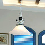 Frosted Glass Bell Hanging Light Kids 1 Light Blue Suspended Lighting Fixture with Anchor Decoration Clearhalo 'Ceiling Lights' 'Chandeliers' 'Glass shade' 'Glass' 'Pendant Lights' 'Pendants' Lighting' 1473161