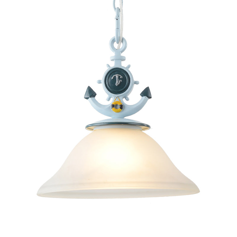 Frosted Glass Bell Hanging Light Kids 1 Light Blue Suspended Lighting Fixture with Anchor Decoration Clearhalo 'Ceiling Lights' 'Chandeliers' 'Glass shade' 'Glass' 'Pendant Lights' 'Pendants' Lighting' 1473162