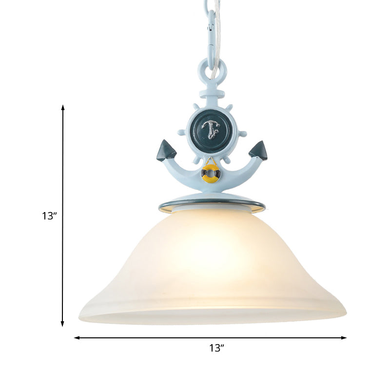 Frosted Glass Bell Hanging Light Kids 1 Light Blue Suspended Lighting Fixture with Anchor Decoration Clearhalo 'Ceiling Lights' 'Chandeliers' 'Glass shade' 'Glass' 'Pendant Lights' 'Pendants' Lighting' 1473163