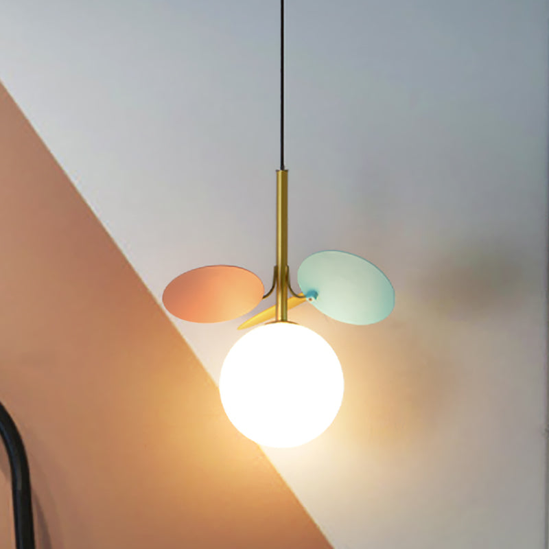 Nordic Globe Suspension Light White Glass 1-Bulb Bedroom Pendant Lamp with Red and Blue PVC Panel Clearhalo 'Ceiling Lights' 'Chandeliers' 'Glass shade' 'Glass' 'Pendant Lights' 'Pendants' Lighting' 1473166