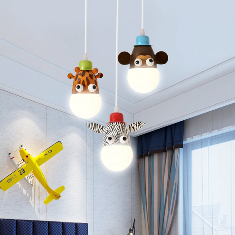 Kids Horse/Giraffe/Monkey Pendant Lamp White Glass 1-Head Children Bedroom Suspended Lighting Fixture White Monkey Clearhalo 'Ceiling Lights' 'Chandeliers' 'Glass shade' 'Glass' 'Pendant Lights' 'Pendants' Lighting' 1473189