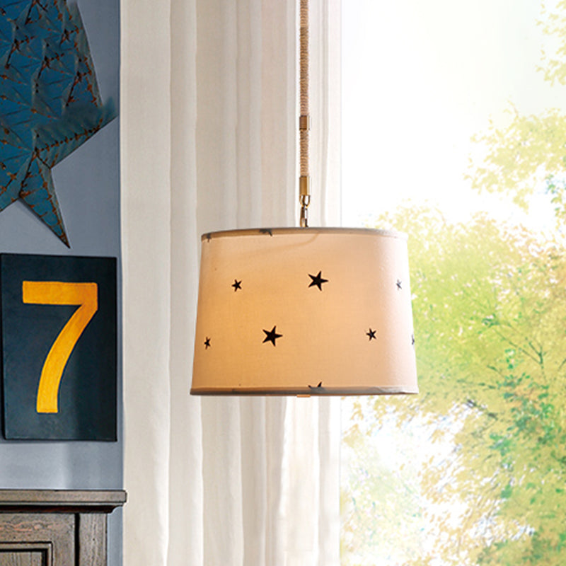 Drum Fabric Chandelier Light Fixture Kids 5 Bulbs Beige Suspension Lighting with Star Pattern for Bedroom Clearhalo 'Ceiling Lights' 'Chandeliers' Lighting' options 1473198