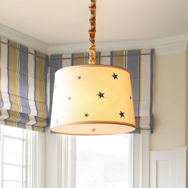 Drum Fabric Chandelier Light Fixture Kids 5 Bulbs Beige Suspension Lighting with Star Pattern for Bedroom Clearhalo 'Ceiling Lights' 'Chandeliers' Lighting' options 1473199