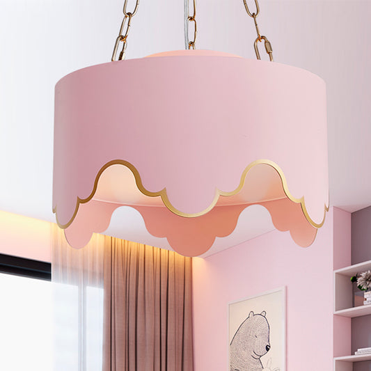 Drum Pendant Ceiling Light Kids Iron 1 Bulb Pink Suspension Lamp with Ruffled Edge for Nursery Clearhalo 'Ceiling Lights' 'Pendant Lights' 'Pendants' Lighting' 1473202