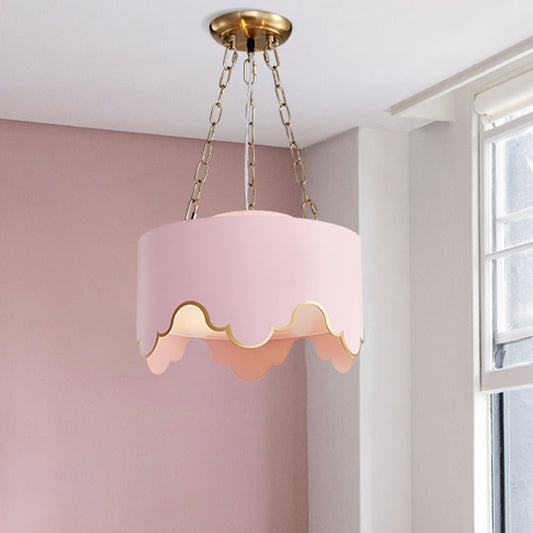 Drum Pendant Ceiling Light Kids Iron 1 Bulb Pink Suspension Lamp with Ruffled Edge for Nursery Clearhalo 'Ceiling Lights' 'Pendant Lights' 'Pendants' Lighting' 1473203