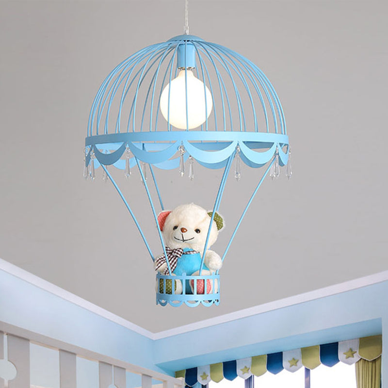 Hot Air Balloon Ceiling Light Kids Iron 1 Light Pink/Blue Hanging Pendant Lamp with Bear Decoration Clearhalo 'Ceiling Lights' 'Pendant Lights' 'Pendants' Lighting' 1473236