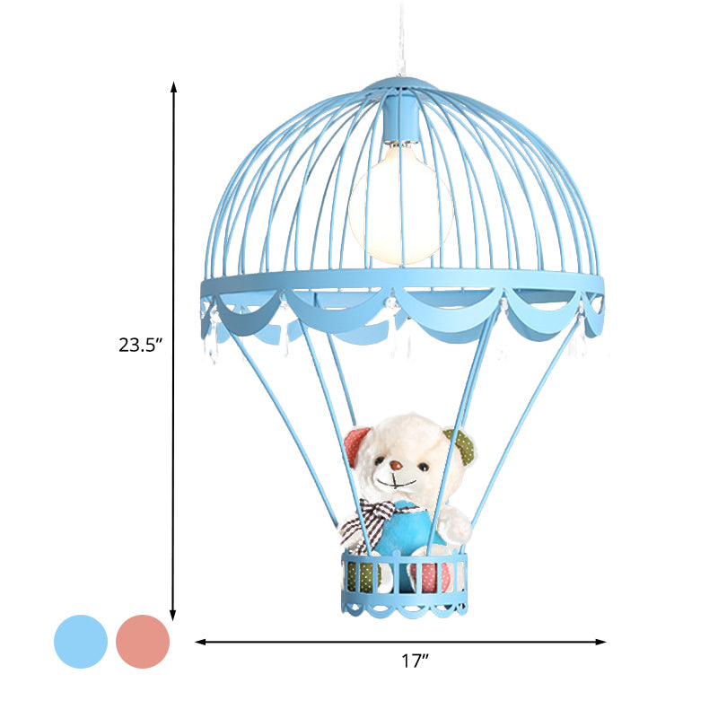 Hot Air Balloon Ceiling Light Kids Iron 1 Light Pink/Blue Hanging Pendant Lamp with Bear Decoration Clearhalo 'Ceiling Lights' 'Pendant Lights' 'Pendants' Lighting' 1473238