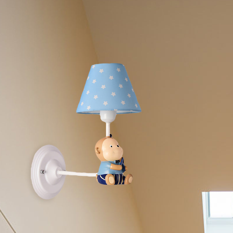 Cone Kids Bedside Wall Mounted Light Fabric 1 Light Cartoon Sconce Ideas in Blue/Red with Little Bear Decor Blue Clearhalo 'Wall Lamps & Sconces' 'Wall Lights' Lighting' 1473249