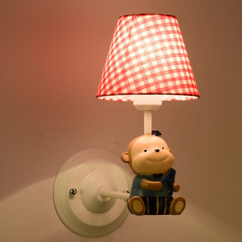 Cone Kids Bedside Wall Mounted Light Fabric 1 Light Cartoon Sconce Ideas in Blue/Red with Little Bear Decor Clearhalo 'Wall Lamps & Sconces' 'Wall Lights' Lighting' 1473253