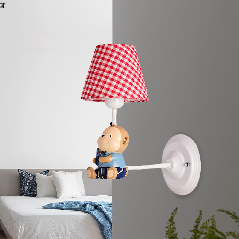 Cone Kids Bedside Wall Mounted Light Fabric 1 Light Cartoon Sconce Ideas in Blue/Red with Little Bear Decor Red Clearhalo 'Wall Lamps & Sconces' 'Wall Lights' Lighting' 1473254